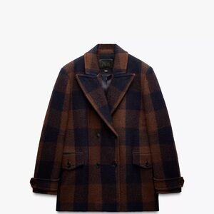 Zara Women's Checkered Pea Coat in Brown and Black